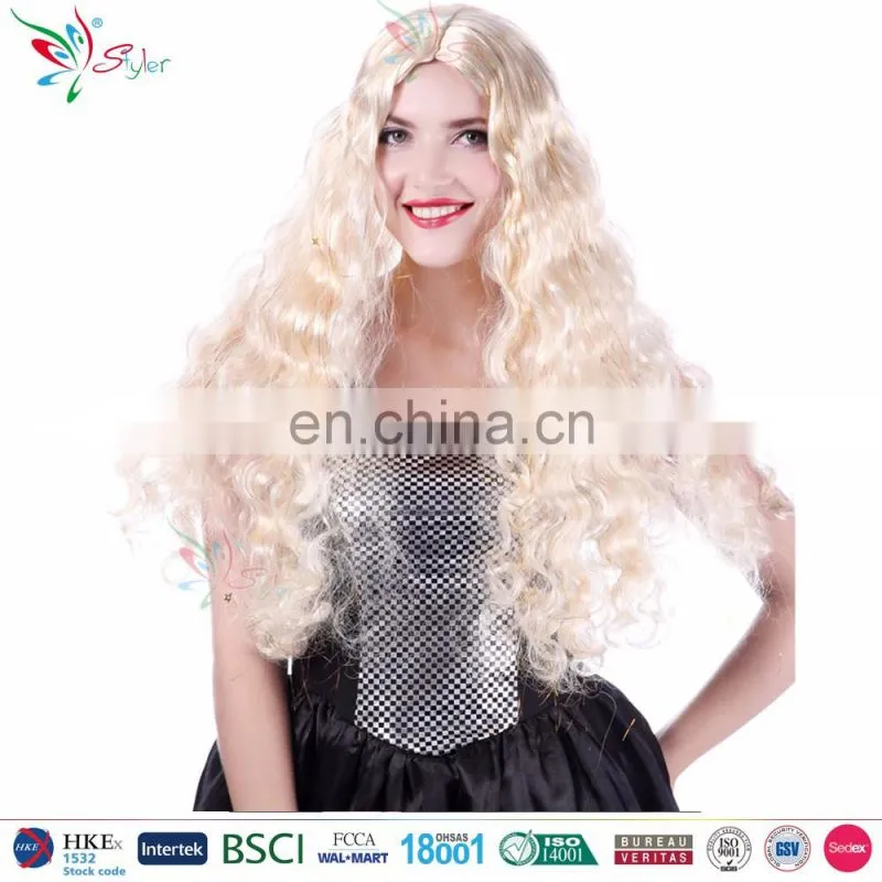 fashion style halloween party long synthetic fibre golden tinsel curly blonde wig