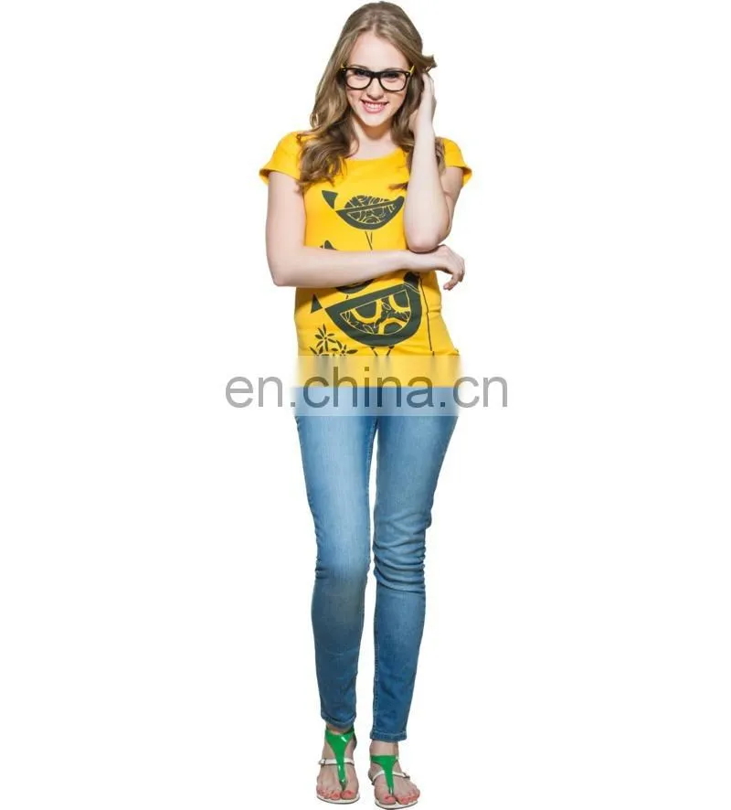 2015 New arrival wholesale garments customize made women top yellow elegant print fashionable hot t-shirt for girls