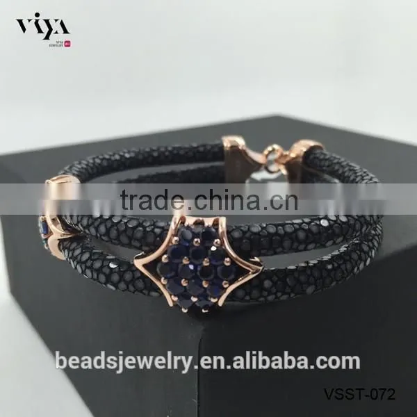 2016 New Custom Men Double Leather Stingray Rose gold Black Stone Bracelet