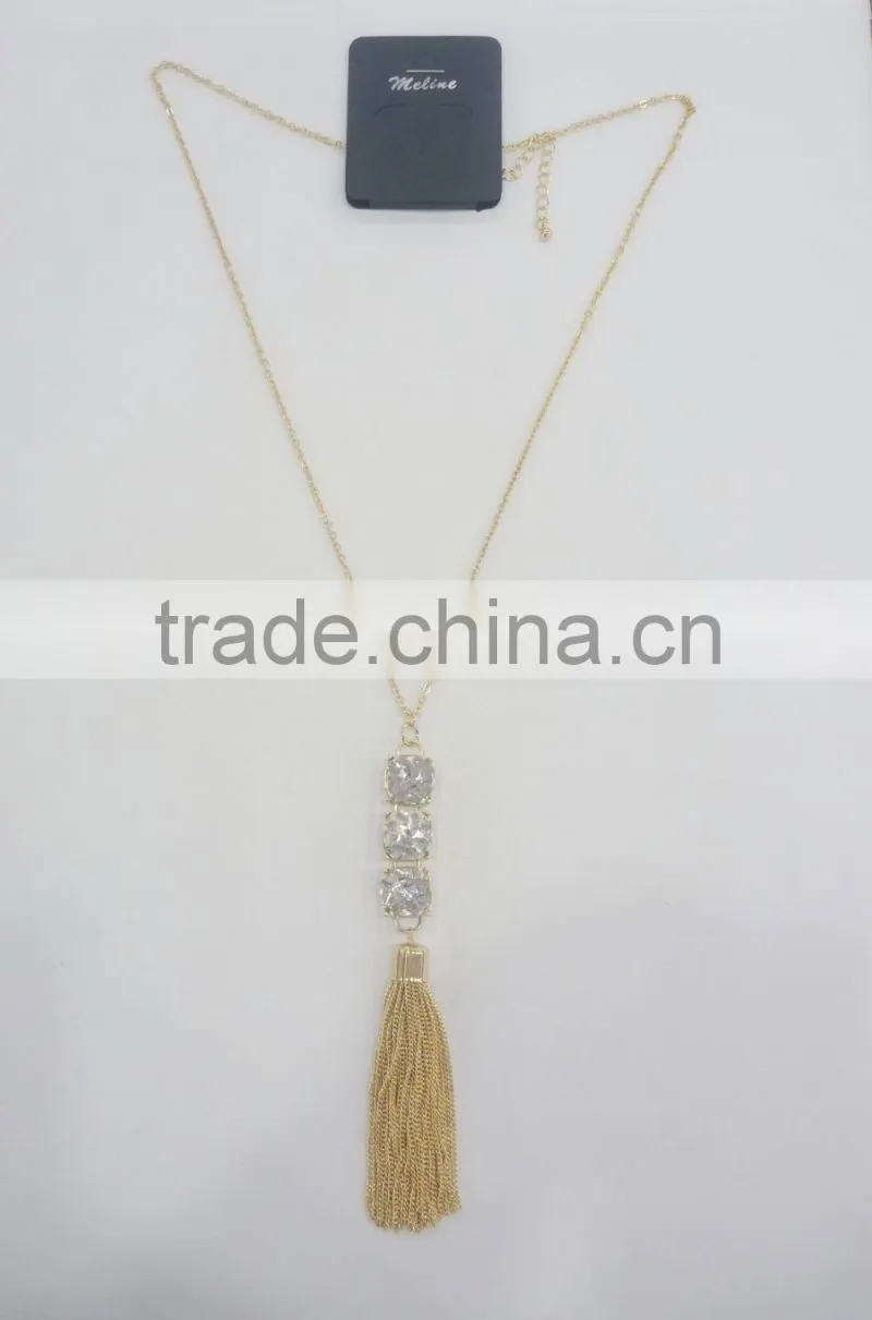 FASHION BIG GLASS STONE CHAIN TASSEL NECKLACE