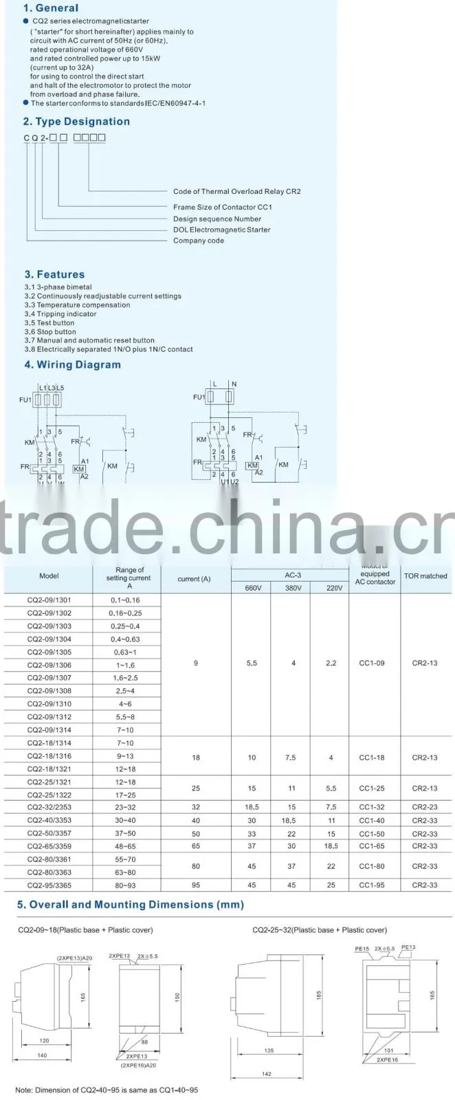 CQ2 Dol Electromagnetic Starter Range of Setting Current 0.16~0.25A CQ2-09/1302