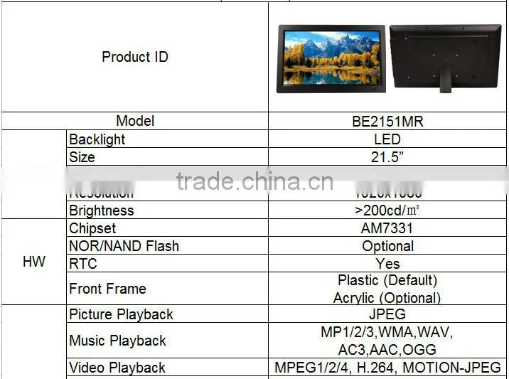 Shenzhen CTSignage DPF 21.5 inch latest design photo frame support photo/ music/video playback