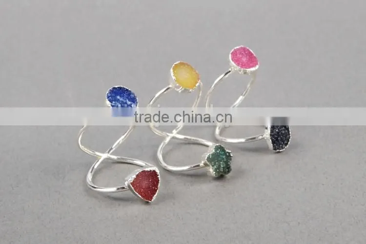 Druzy wrapped authintic stone full finger ring in sterling silver gems ring