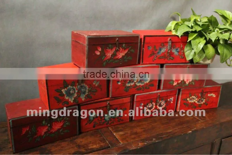 Chinese antique furniture red pine wood painting box