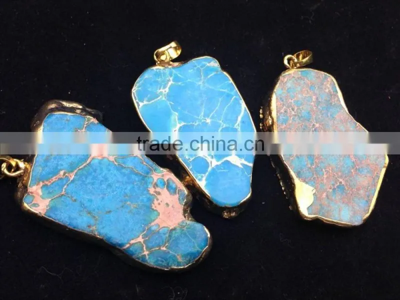 Pakistan Natural Imperial Jasper Gold Plated Edged Jasper Slice Pendant