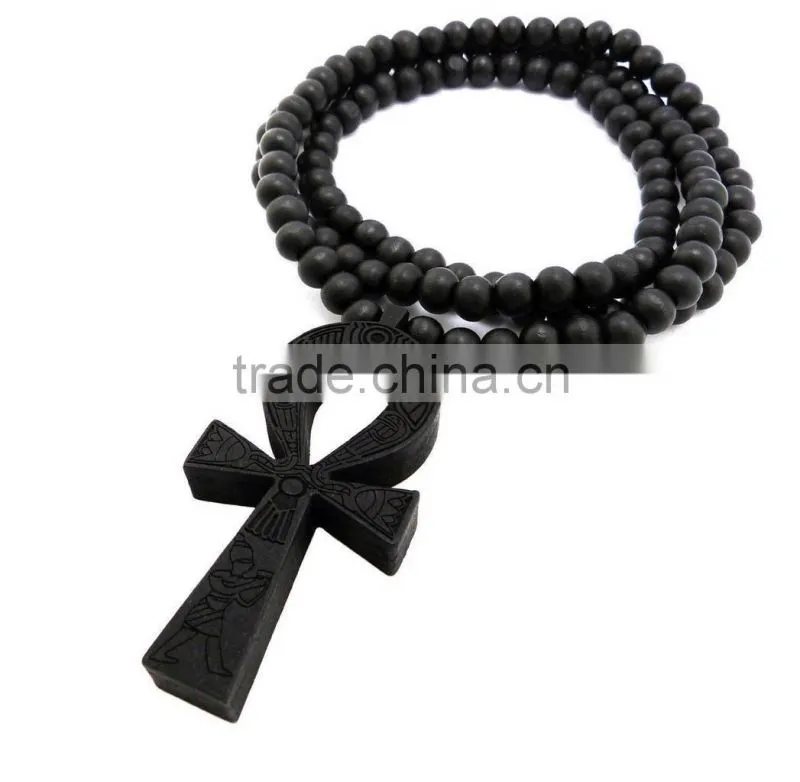 Men's good wooden Jay Z ankh cross chain 8mm bead 36'' necklace