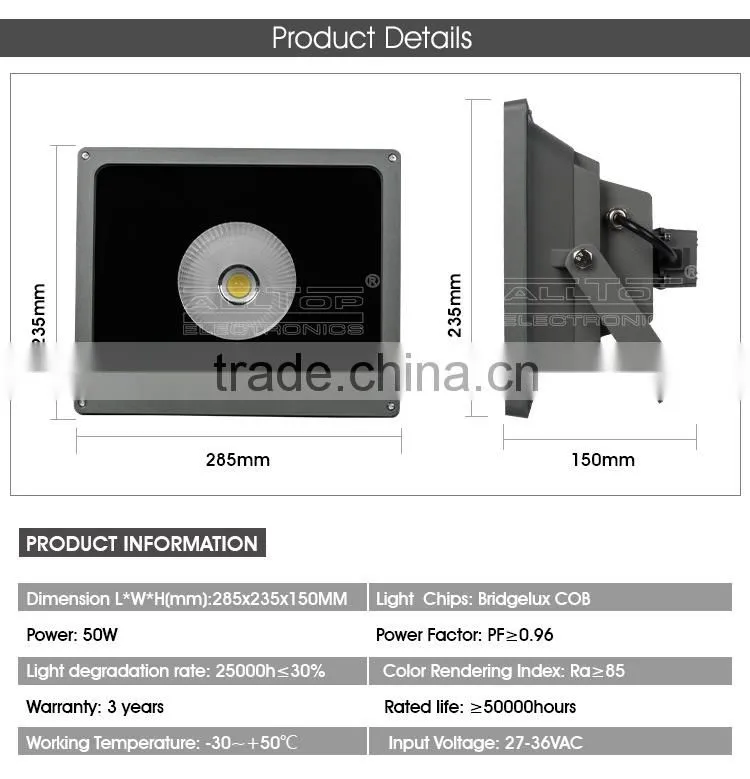 High lumen bridgelux cob waterproof outdoor ip65 50w led flood light