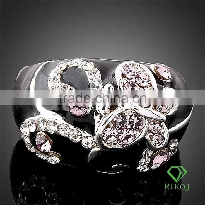 pink crystal butterfly gold plating black rings