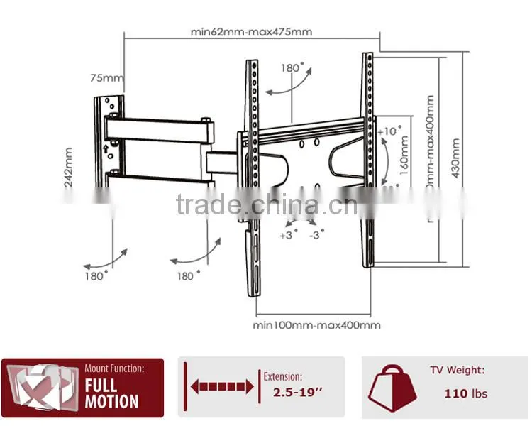 Heavy duty articulating arm LCD LED monitor wall mount for plasma flat screen from 32"~55"