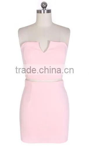 Sexy Women Solid Strapless V-Neck Crop Tops High Waist Slim Pencil Mini Dress Two Piece Set