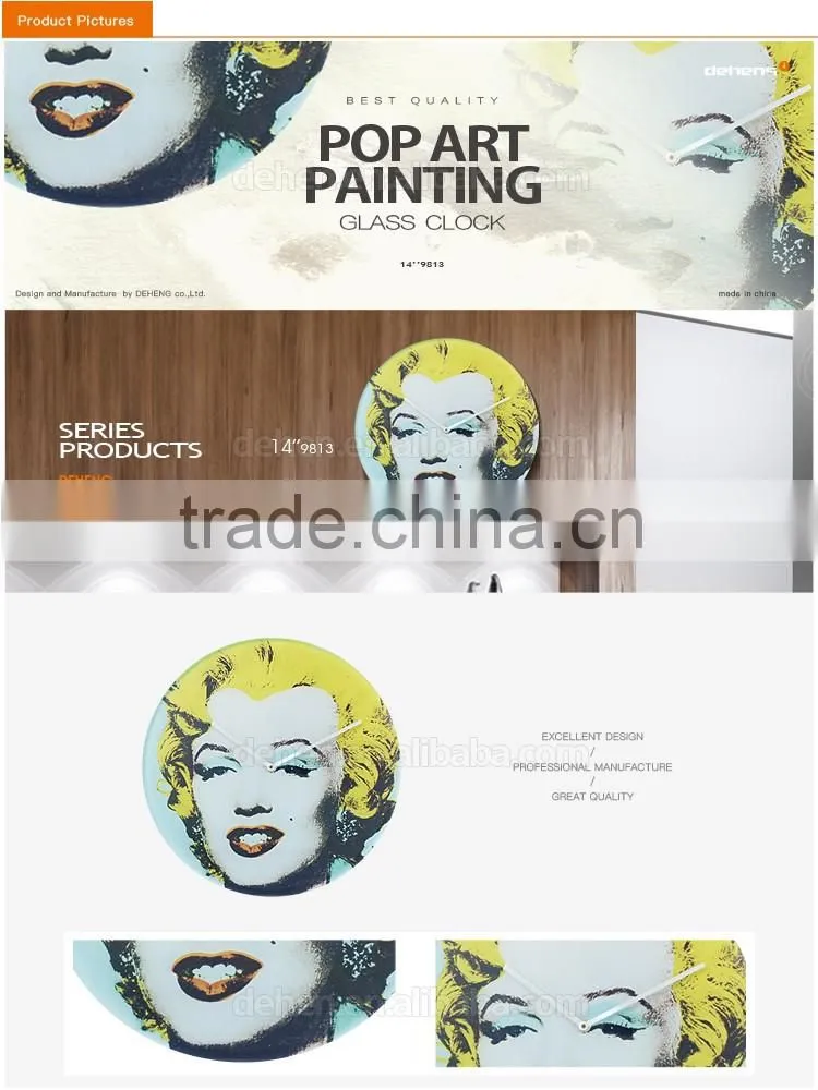 DEHENG 14'' frameless pop art painting glass wall clock