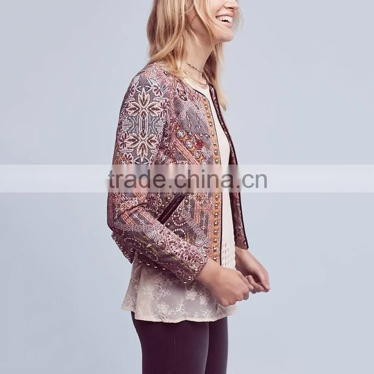 European autumn woman metal studded print cropped jacket for woman