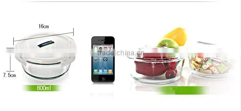 800ml Round microwave safe grade glass food container set with plastic lid