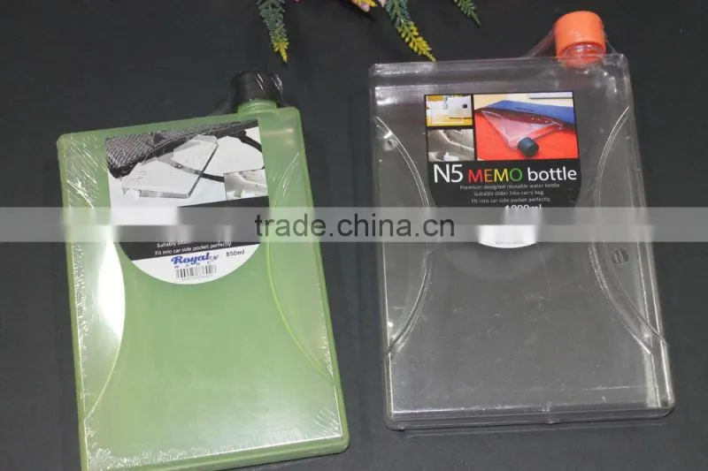 A5 850ml flat transparent memo water bottle, N5 1000ml memo water bottles, 2016 design memo water bottle!