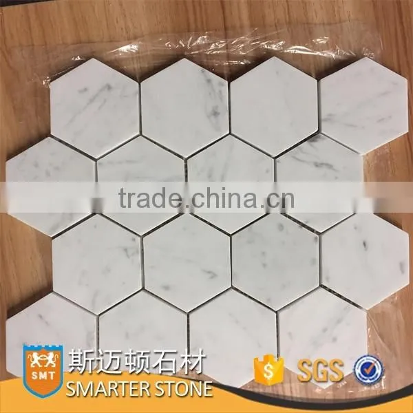 Large size hexagon mosaic white carrara 73x73 mm on mesh