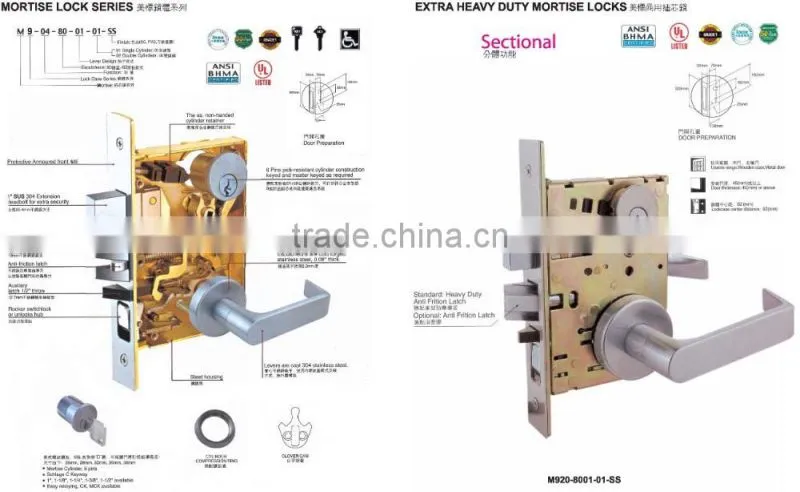 2016 Hot Sale Hotel Commercial Zinc Alloy Lever Door Mortise Handle Locks Body Set