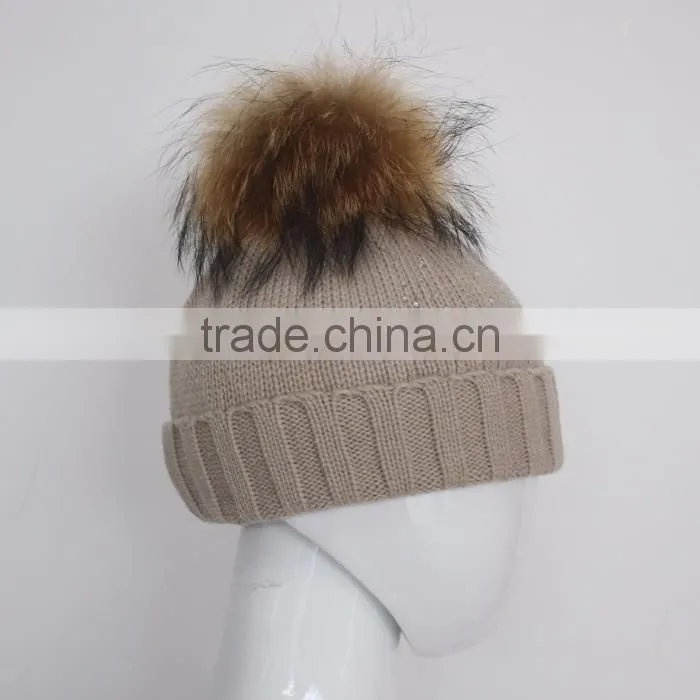Myfur Winter Woolen Knitting Beanie Hat with Removable Raccoon Fur Bobble Top