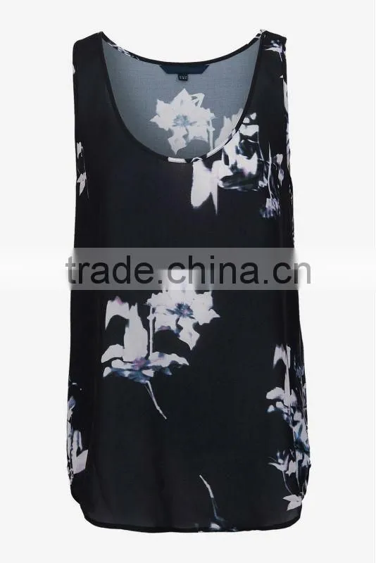 Floral Print Sleeveless Vest Top with Contrast Piping Detail