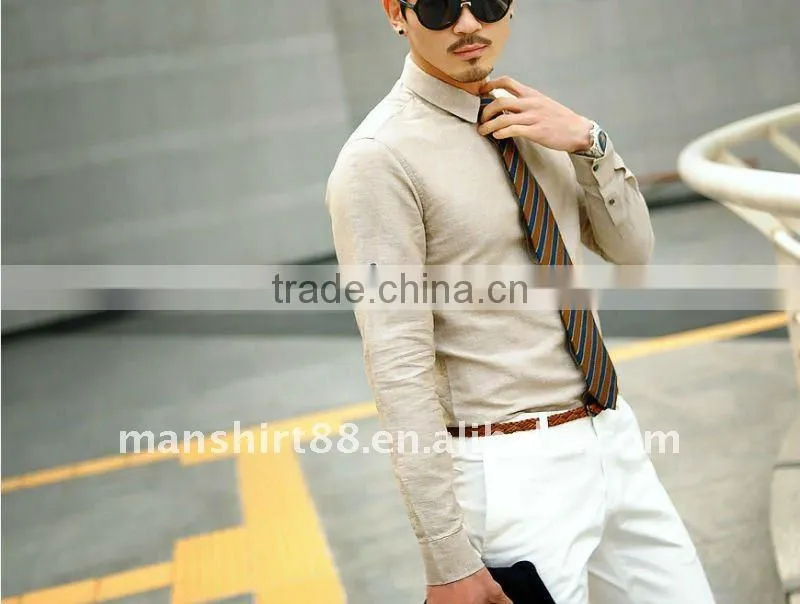 mens linen slim fit beige long sleeve dress shirt