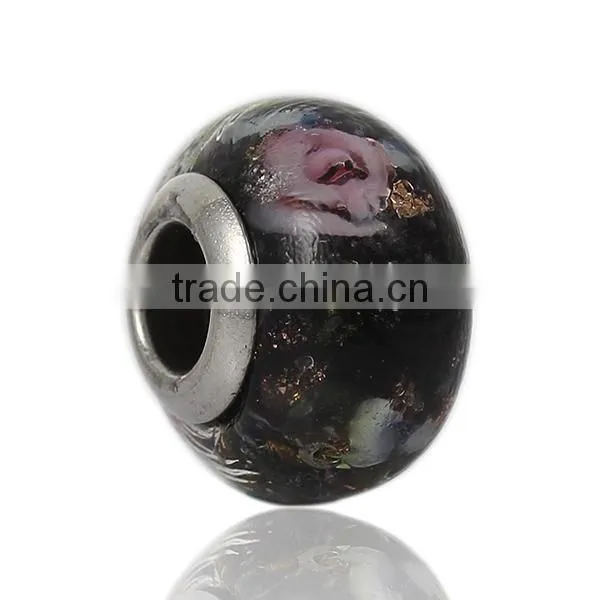 Lampwork Glass European Style Large Hole Beads Round Black Transparent Pink Flower With 304 Stainless Steel Silver Tone Core