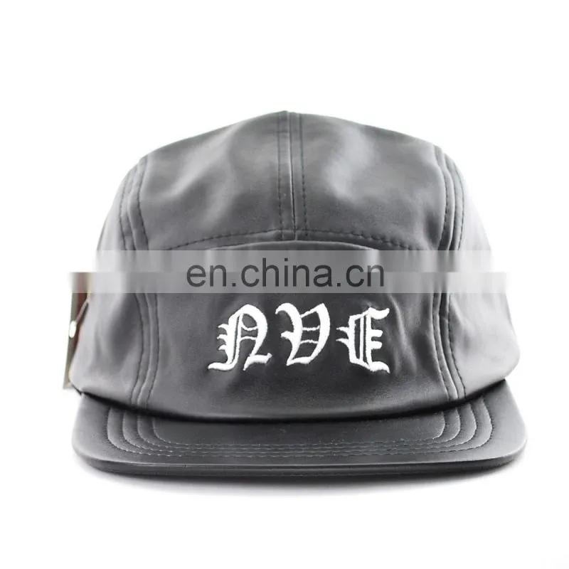 Black 5 panel hat with printing flat brim