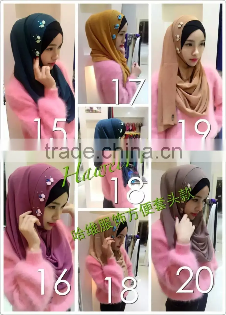 20COLORS popular senior chiffon instant headscarf handmade beading women's islamic scarf