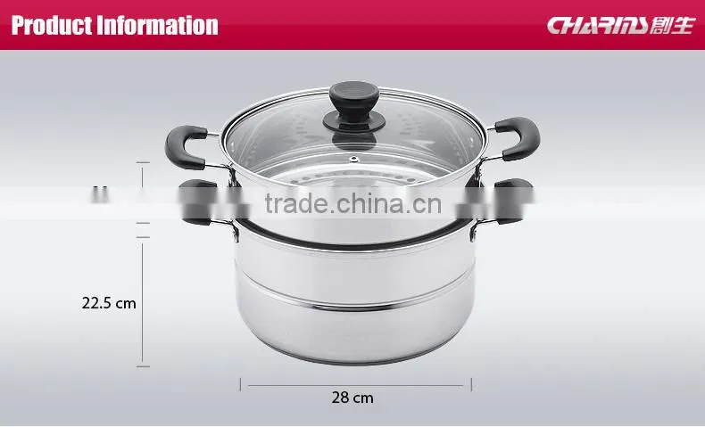 Stainless steel steam cooker with Tri-tier rubber handle cookware set