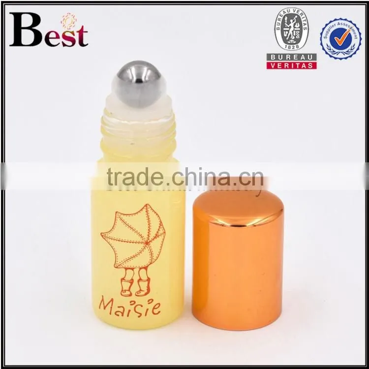 8ml yellow small glass roll on tube perfume bottle stainless steel roller ball aluminum cap
