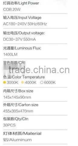 2016 Europe Die-casting High Quality COB 20 W LED Down light