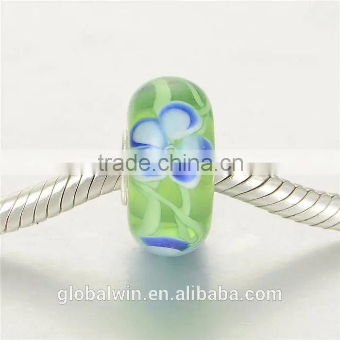 Handmade Fresh Green Color Blue Flower Murano Glass Beads Silver Charms Fit Bracelet