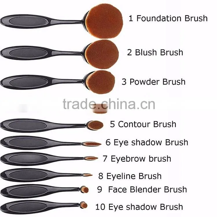 2016 new hotsell high quality oval tooth shaped makeup brush 10 pcs/set