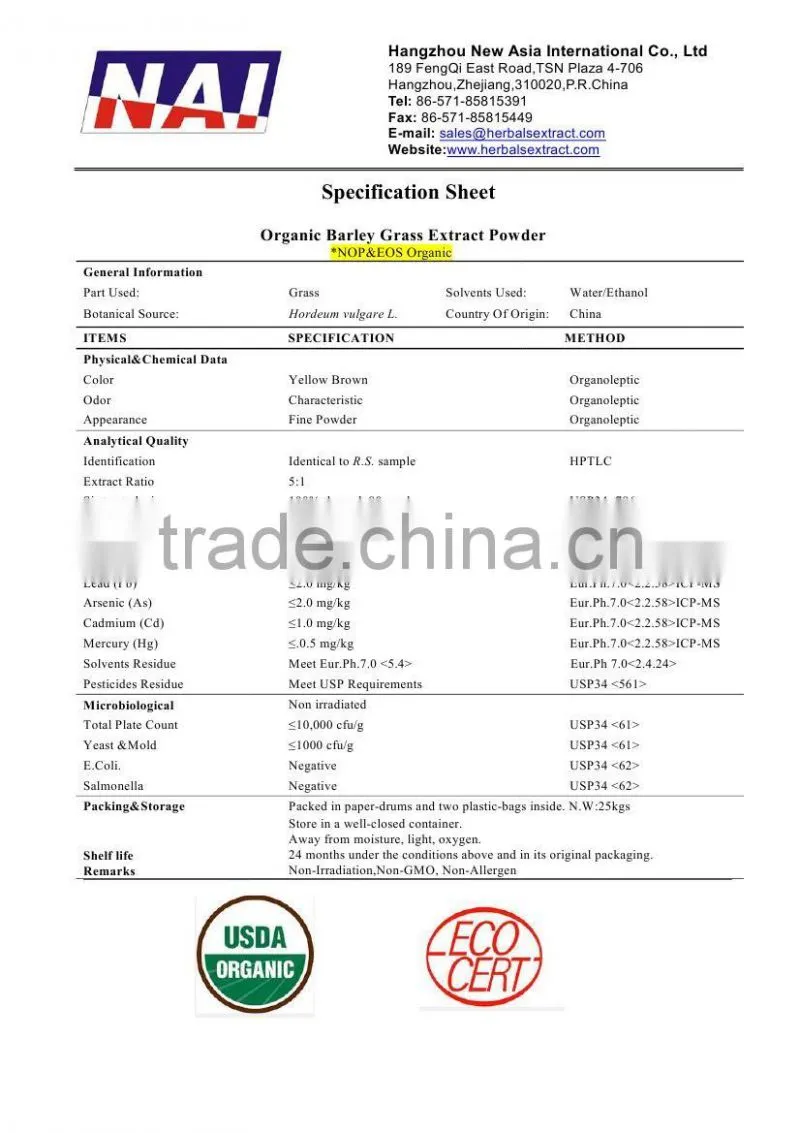 Organic Barley Grass Extract Powder,NOP EOS Organic,100% ID,Non-Irradiation,Low Contaminants of Aflatoxin,PAHs,Heavy Metal