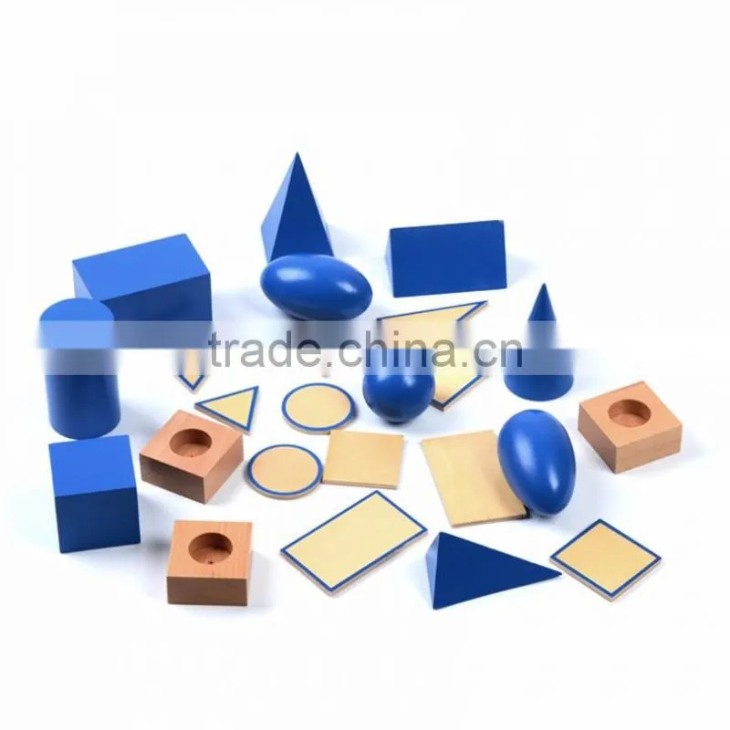 Wooden educational baby toy Montessori Geometric Solids with Stands Bases and Box