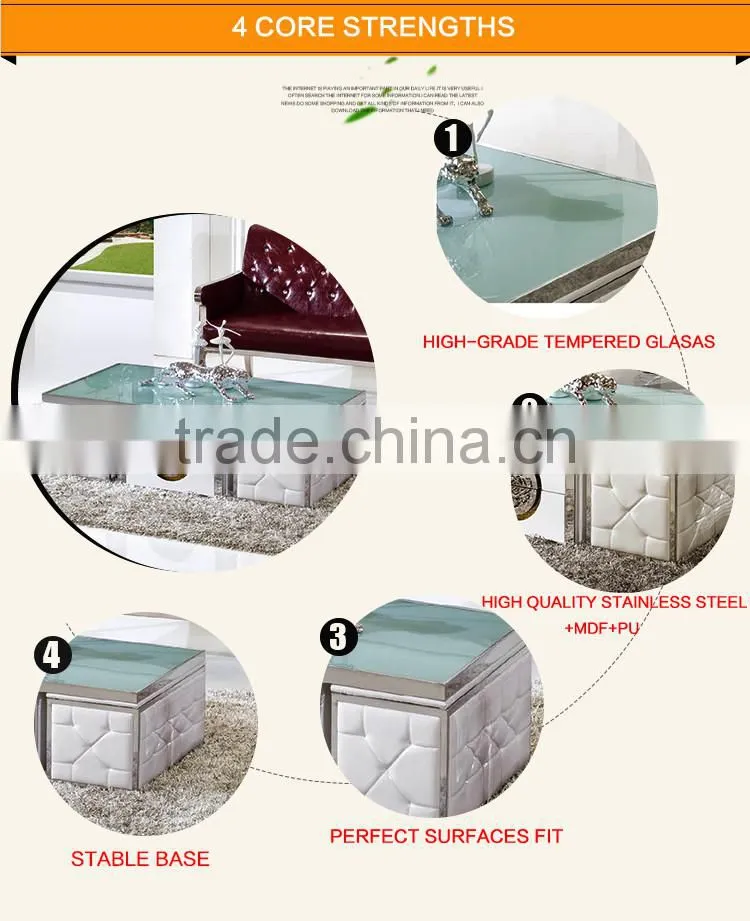 C369 Modern Stainless Steel Wooden Trunk Storage Glass Coffee Table
