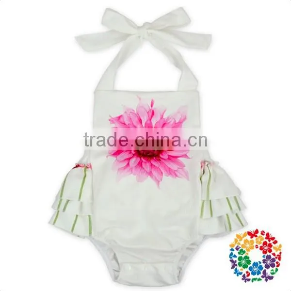 Boutique Girls Summer Backless Ruffle Halter Playsuit White Flower Kids Jumpsuit