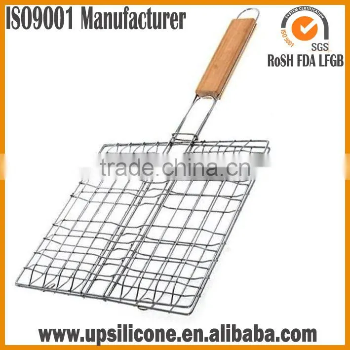 Non-Stick BBQ Fish Grilling Basket / Grill Stainless Steel Wire Mesh/BBQ Grill Mesh With Wooden Handle/Grill Lattice