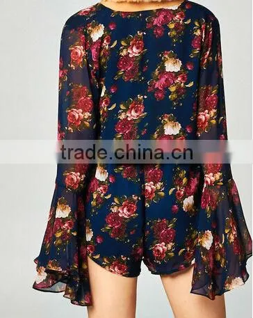 cheap 2015 sexy ladies Long bell sleeve Deep V neck print floral plus size loose short chiffon playsuit romper jumpsuit