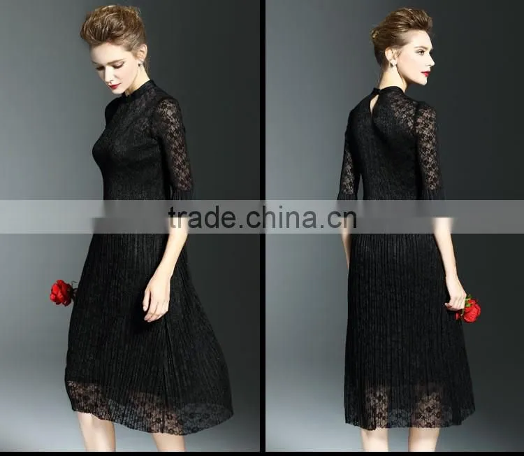 Elegant lady lace hollow out embroidery A-line pleated fold lace dress