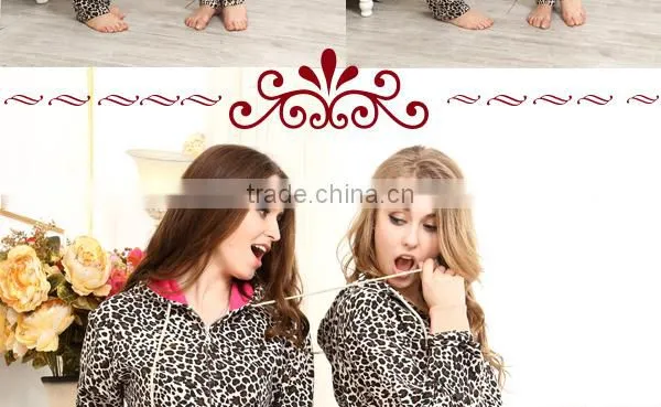 Custom women fancy leopard pajamas with hood cvc french terry winter design pajamas for women