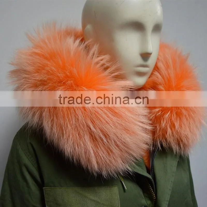 New style orange stripe faux fur lined with raccoon fur collar fur coat for woman