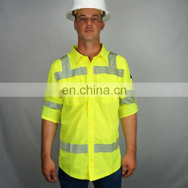 100% cotton mens button down collar business fit work cargo shirt with reflective bands