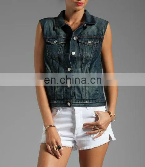 Ladies Sleeveless Snap denim waistcoat,ladies formal vests ( CV1003)