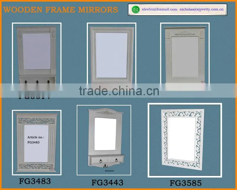 white color wooden framed mirror with carving / wooden decor carved mirror / wall decorative mirror