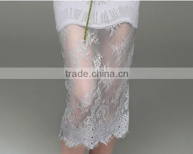 2017 hot new lady hollow knit dress half sleeve slim hip long lace dress with lace hem