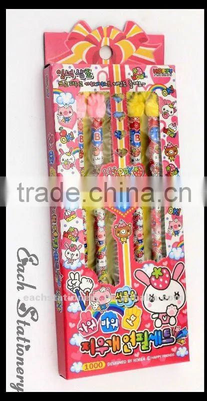 2012 hot sales 7inch hot transfer parinting cartoon pencil set with eraser top 5 pieces gift stationery set