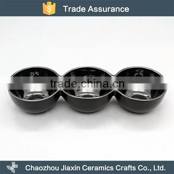 Tableware three divided black ceramic cheap porcelain snack dish