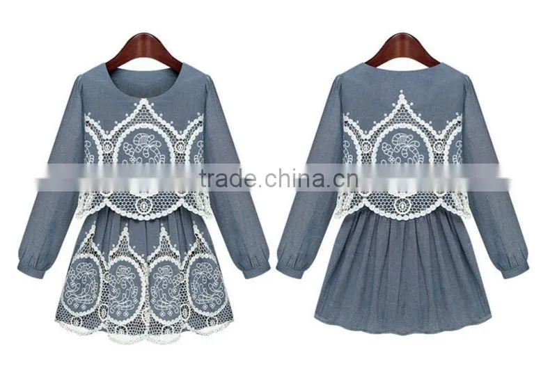2015 fashion high quality New Arrival hot sale new ladies denim hollow out dress crochet lace pattern denim dress