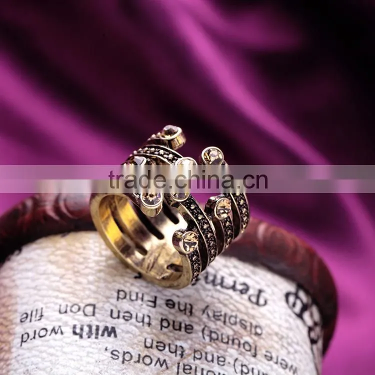 2015 china cheap wholesale fashion crystal statement ring multi layered antique gold ring