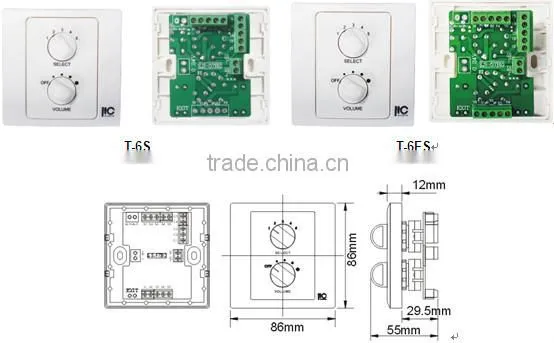 ITC T-6S/T-6FS Public Address System 5 Steps 6W Volume Control and Audio Source Selector