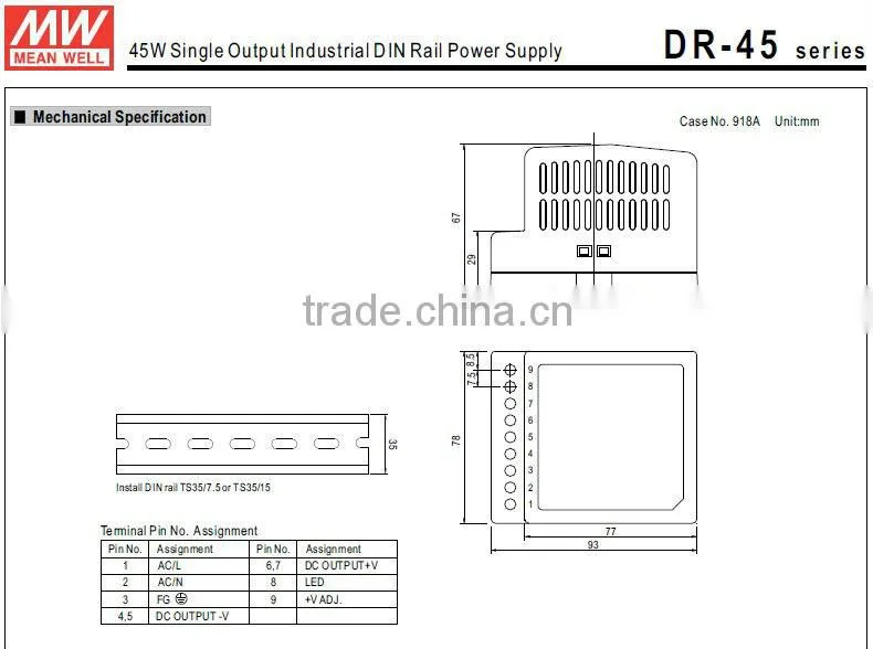 Mean Well 45W 5V Industrial DIN Rail Power Supply DR-4505